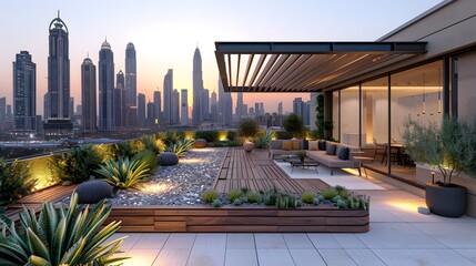 Modern rooftop terrace with lounging area overlooking a city skyline at dusk. 
