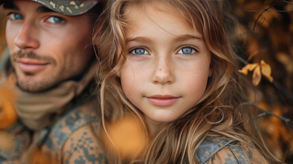 Fototapeta premium American father back from army hugging his child,generative ai