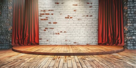 empty stage with red curtains  with white brick wall texture backgrround