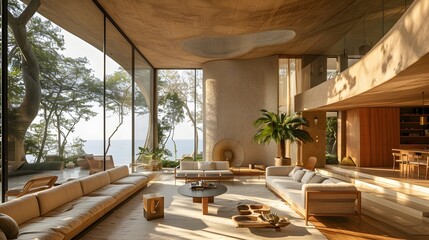 Modern luxury living room with panoramic ocean view and wooden interior design illuminated by natural light, embodying elegance and tranquility. 