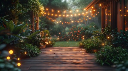 A serene garden pathway lit by warm fairy lights at dusk, creating a magical ambiance. 