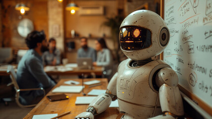 Fototapeta premium AI robot actively participating in a brainstorming session in an advertising agency meeting room,generative ai