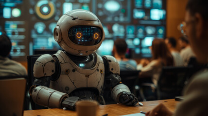 AI robot actively participating in a brainstorming session in an advertising agency meeting room,generative ai