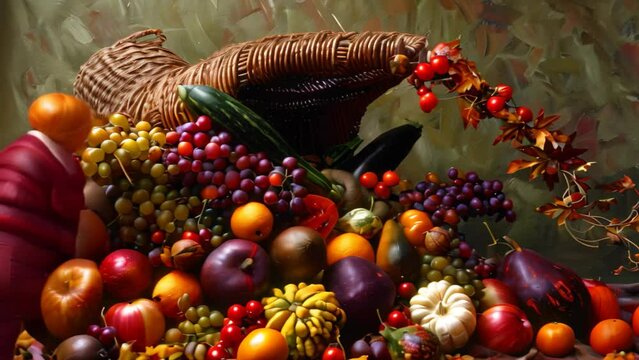 A painting depicting a bountiful basket filled with ripe fruits on a table, A cornucopia overflowing with fruits and vegetables