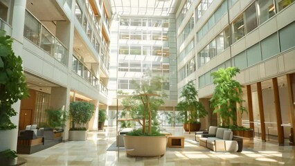 A large corporate lobby filled with green plants and comfortable couches for seating, A corporate headquarters with a massive, impressive atrium and high ceilings