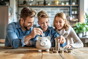 Family saving money by adding coins to ceramic piggy bank