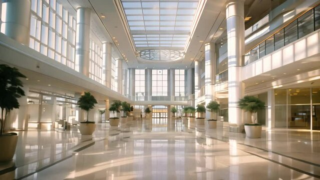 A large corporate building featuring numerous windows and various plants adorning the facade, A corporate headquarters with a massive, impressive atrium and high ceilings