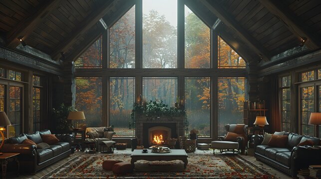A cozy luxury cabin living room with a warm fireplace and large windows overlooking a serene autumn forest. 