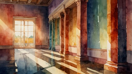 A row of colorful pillars in a hallway with sunlight shining through,. Watercolor illustration