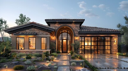 Luxury modern house with illuminated windows at twilight showcasing elegant architecture and landscape design. 