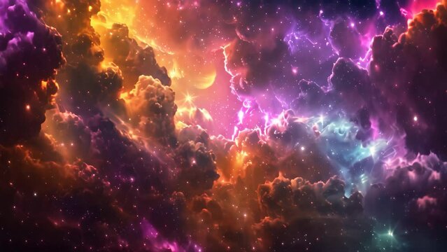 A colorful sky filled with fluffy clouds and twinkling stars creating a cosmic backdrop, A cosmic backdrop with colorful explosions and cosmic dust clouds