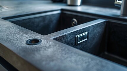 Durable cast iron sink in a contemporary kitchen, close-up of enamel coating, showcasing heat resistance and color options, isolated background, studio lighting