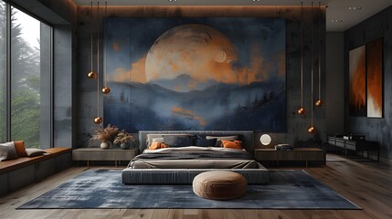 Luxurious modern bedroom interior design with a large abstract painting of a moon above the bed and...