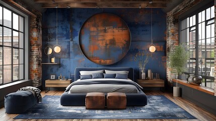 Modern urban bedroom interior with a large world map on the wall and industrial design elements. 