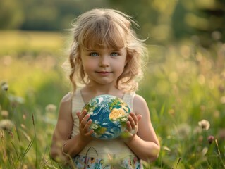 Fototapeta premium The little girl holds the Earth in her hand