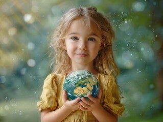 Naklejka premium The little girl holds the Earth in her hand