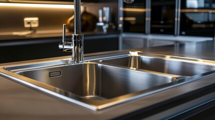 Drop-in sink in a luxury kitchen, isolated background with studio lighting, close-up showcasing the sleek design and ease of installation for advertising