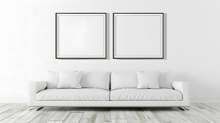 Minimalist living room interior with white sofa and blank frames on a plain wall, ideal for art display mockups. 