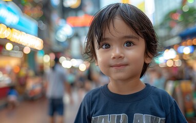 A young boy stands alone on a city street at night, looking around with curiosity