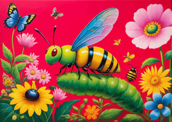 Fototapeta premium a painting of a butterfly and a caterpillar