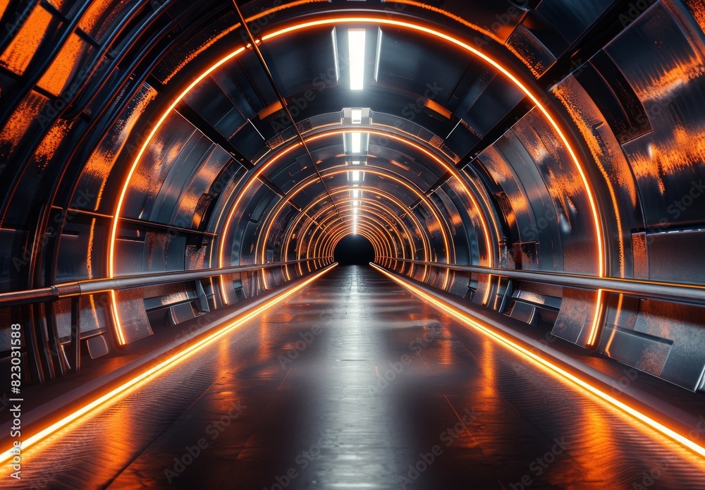 Sticker Futuristic tunnel with glowing orange lights