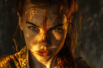 Powerful female warrior with glowing golden skin and fierce expression
