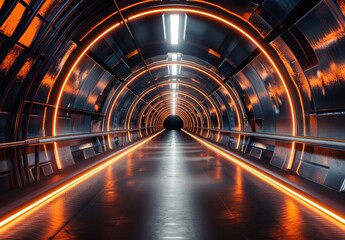 Futuristic tunnel with glowing orange lights