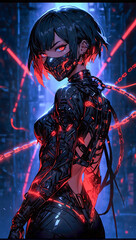 Portrait of an anime style cyberpunk female ninja warrior on a dark moody and atmospheric background