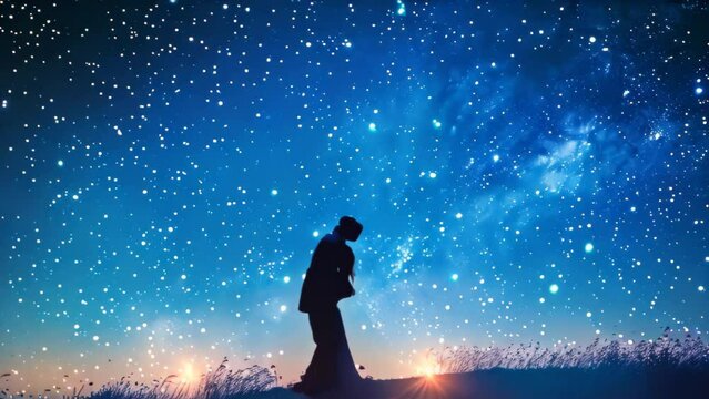 A couple kissing romantically under a star-filled night sky, A couple dancing under a starry night sky