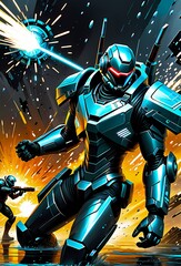 robot cyborg soldier in the space, dynamic sci-fi concept combat illustrations, science fiction art, neon dark background