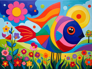Fototapeta premium a painting of a colorful fish in a field of flowers