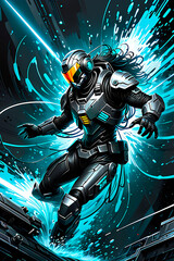 robot cyborg soldier in the space, dynamic sci-fi concept combat illustrations, science fiction art, neon dark background