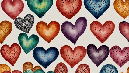 Collection of doodle sketch hearts hand drawn with ink. Watercolor illustration