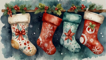 Collection of watercolor christmas stockings. Watercolor illustration