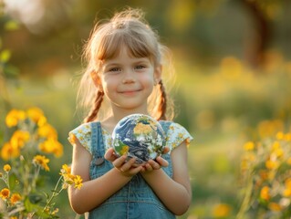Fototapeta premium The little girl holds the Earth in her hand