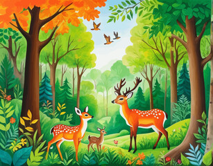 a painting of two deer in a forest