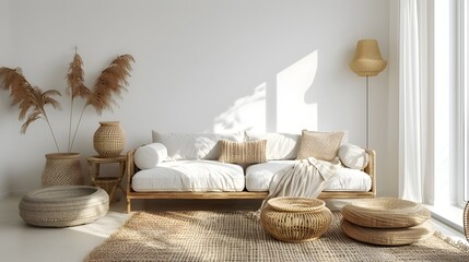 Cozy modern living room interior with a beige sofa, natural textures, and sunlight casting soft shadows on a white wall 