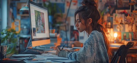 A youthful female designer is utilising a digital pen by hand on a display screen while editing images at her home studio.
