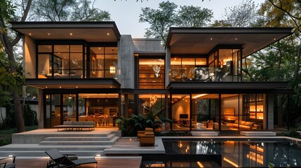 Modern luxury house with large windows and outdoor lighting at twilight, complete with a swimming pool and terrace area, reflecting a contemporary lifestyle and architecture. 