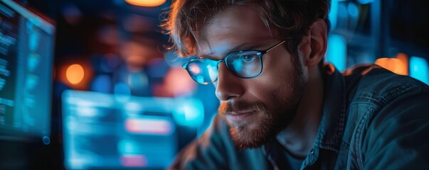 A male software engineer wearing glasses is looking at a computer screen in a dark room.