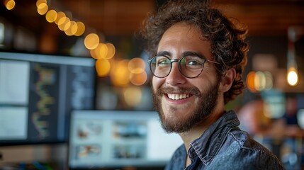 Smiling young male software developer wearing glasses and casual clothes working on a computer coding project in an office.