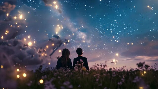Two individuals seated in a field, observing the stars in the night sky, A couple stargazing on a clear night, surrounded by a field of wildflowers