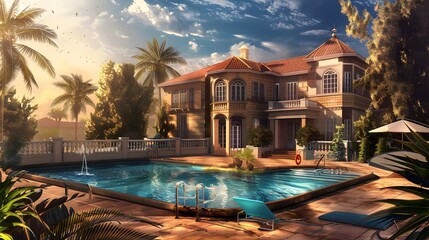 A luxurious mansion with a swimming pool at sunset, surrounded by lush tropical foliage. 