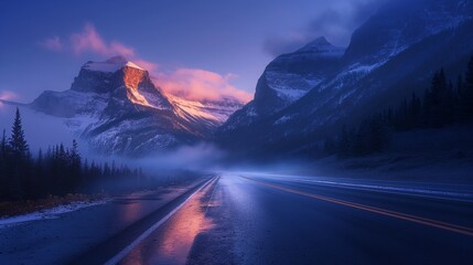 A mountain road at dawn, with the road surface wet from morning dew and the first rays of the sun lighting up the misty mountains. 32k, full ultra hd, high resolution