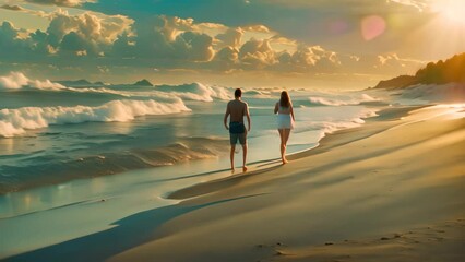 Couple strolling along sandy beach, hand in hand, during the evening, A couple taking a leisurely evening walk along the beach