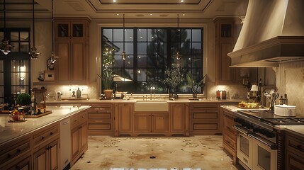 Elegant and spacious kitchen interior with modern appliances and luxurious finishes at twilight 