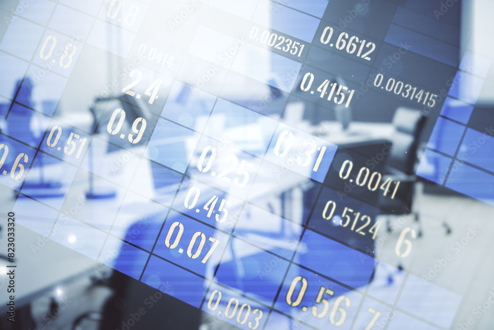 Poster Multi exposure of stats data illustration on a modern furnished office background, computing and analytics concept