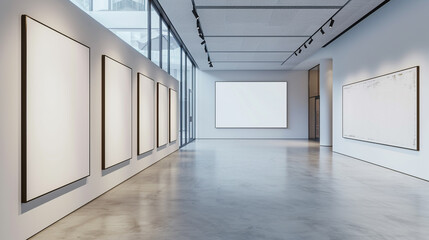 Fototapeta premium A contemporary gallery showcasing a single line of five large plain white frames, spaced evenly to span the entire length of the gallery.