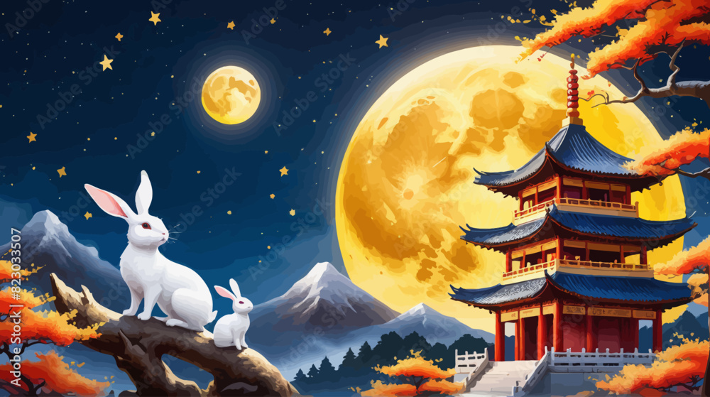 Wall mural two white rabbits sitting on a tree branch in front of a full moon