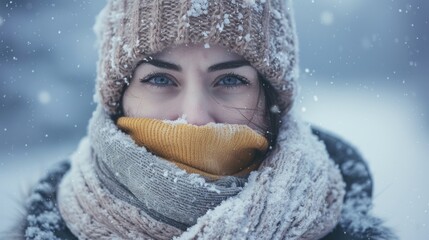 A person bundled up in winter clothing, shivering with visible breath in the cold air The background is a snowy landscape, emphasizing the very cold temperature